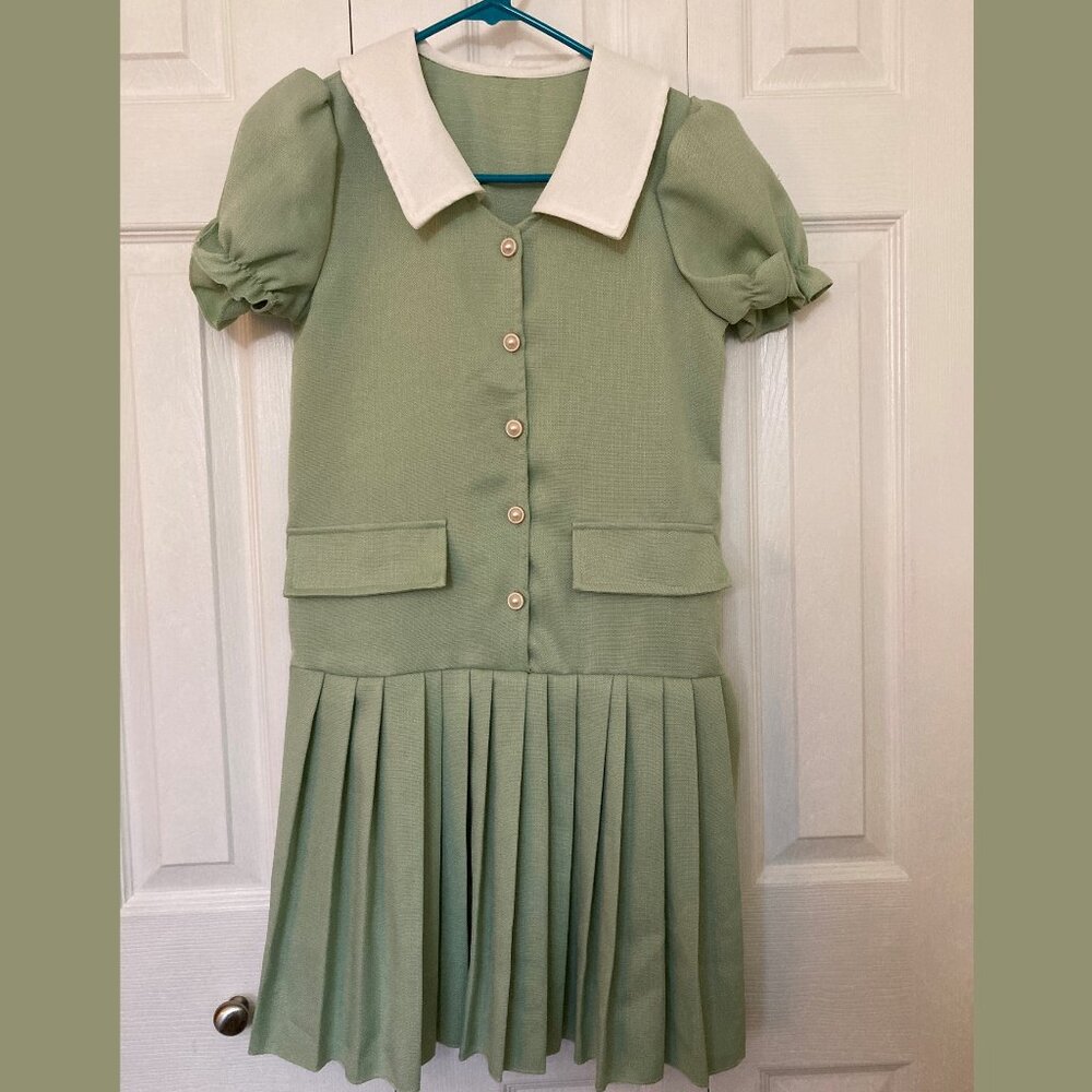 Girls Drop Waist Pleated Dress with Fancy Buttons